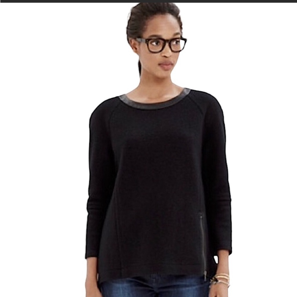 Madewell‎ Structured Wool Leather Trimmed Zip Sweater Black Size Medium